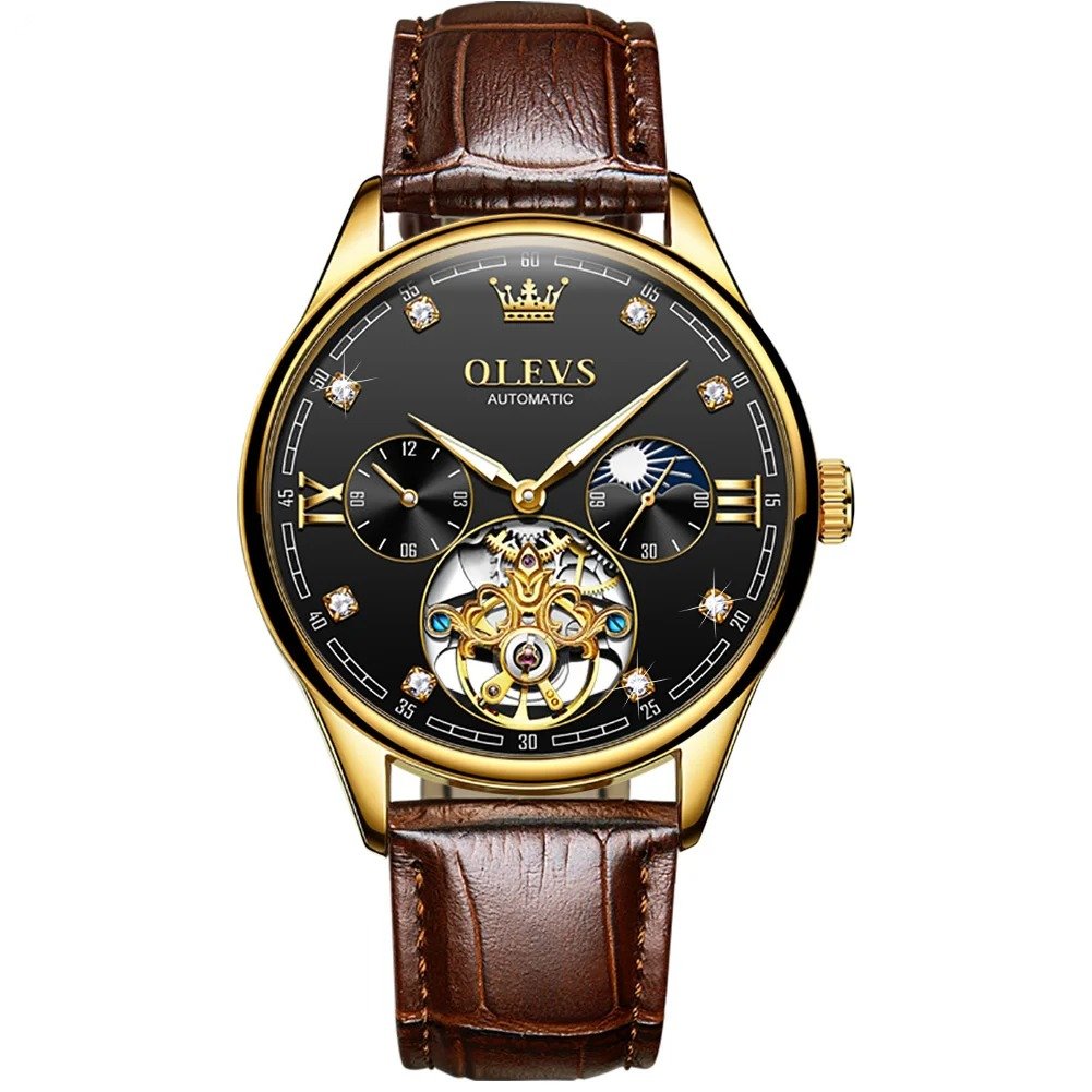 Orologio Meccanico Automatico OLEVS Uomo – Scheletro Tourbillon, Fasi Lunari, Cinturino In Pelle, Impermeabile