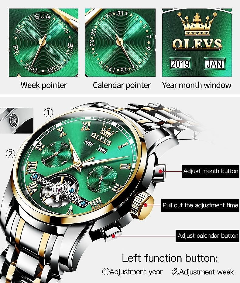OLEVS New Automatic Mechanical Watches Men Watch Fashion Multifunctional  Green Water Ghost Dial Design Luminous Waterproof Clock - AliExpress