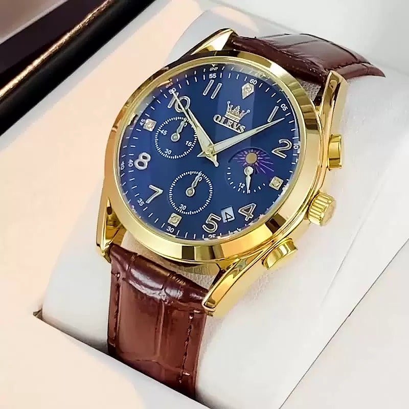 Olevs 2892 Chronograph Luxury Mens Watch (Color: Gold Blue)