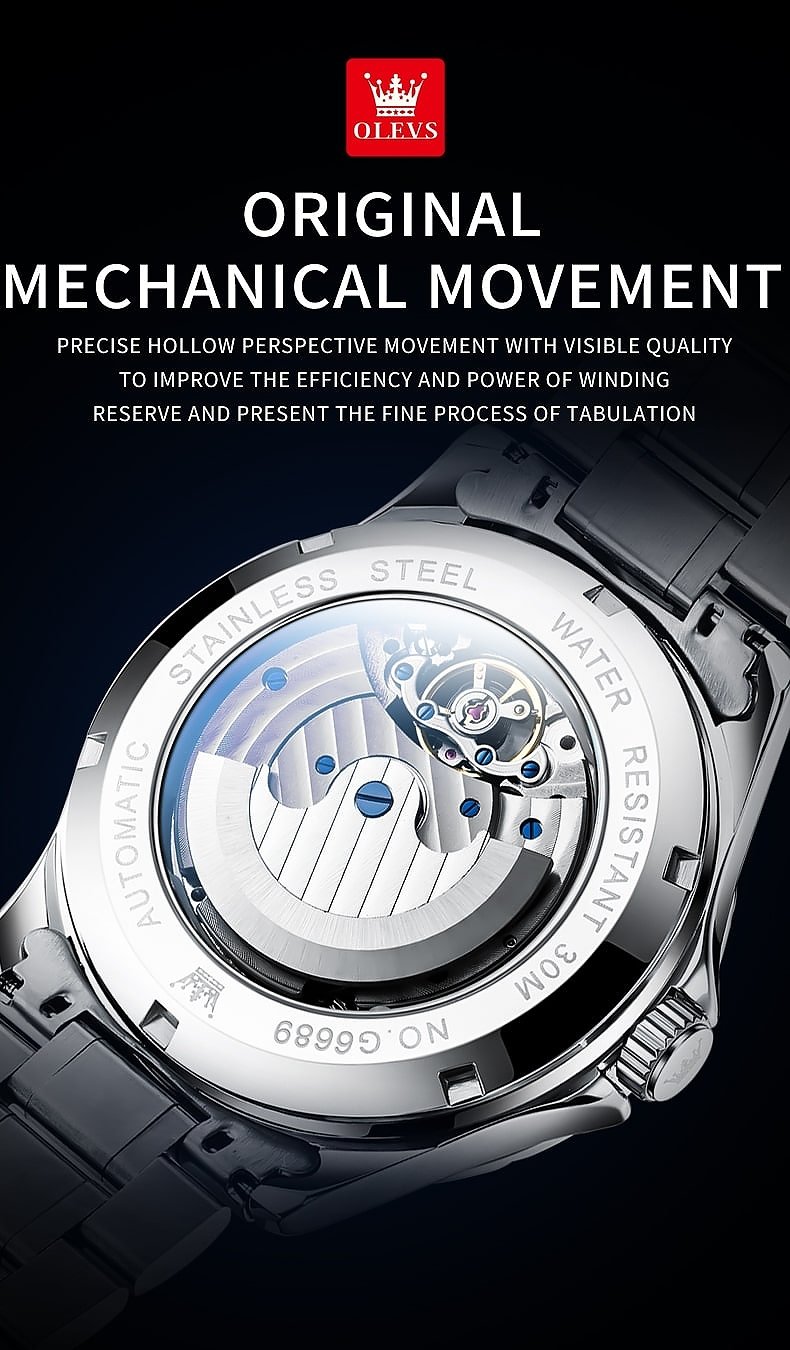 OLEVS Orologio Uomo Automatico A Scheletro – Quadro Blu, Cinturino In Pelle Marrone, Impermeabile, Luminoso