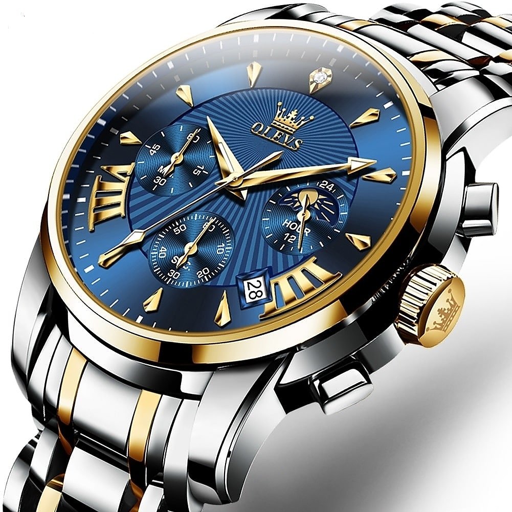 Olevs 2892 Chronograph Luxury Mens Watch (Color: Gold Blue)