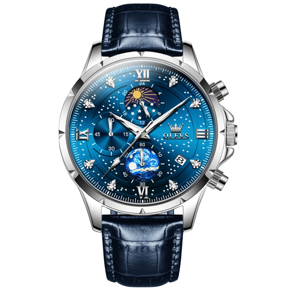 OLEVS 9807 Starry Sky Mens Quartz Watch blue-leather