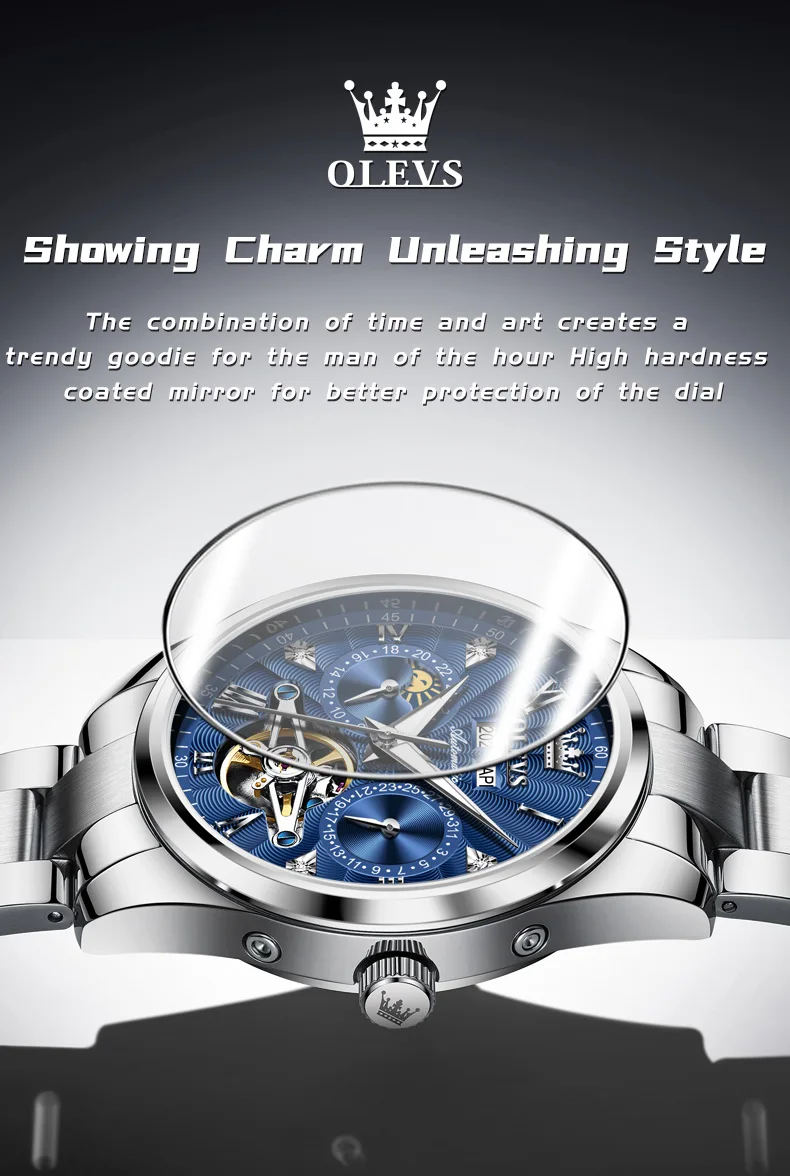 Orologio Automatico OLEVS Uomo – Scheletro Meccanico, Pelle Nera, Quadrante Blu/argento, Luminoso E Impermeabile