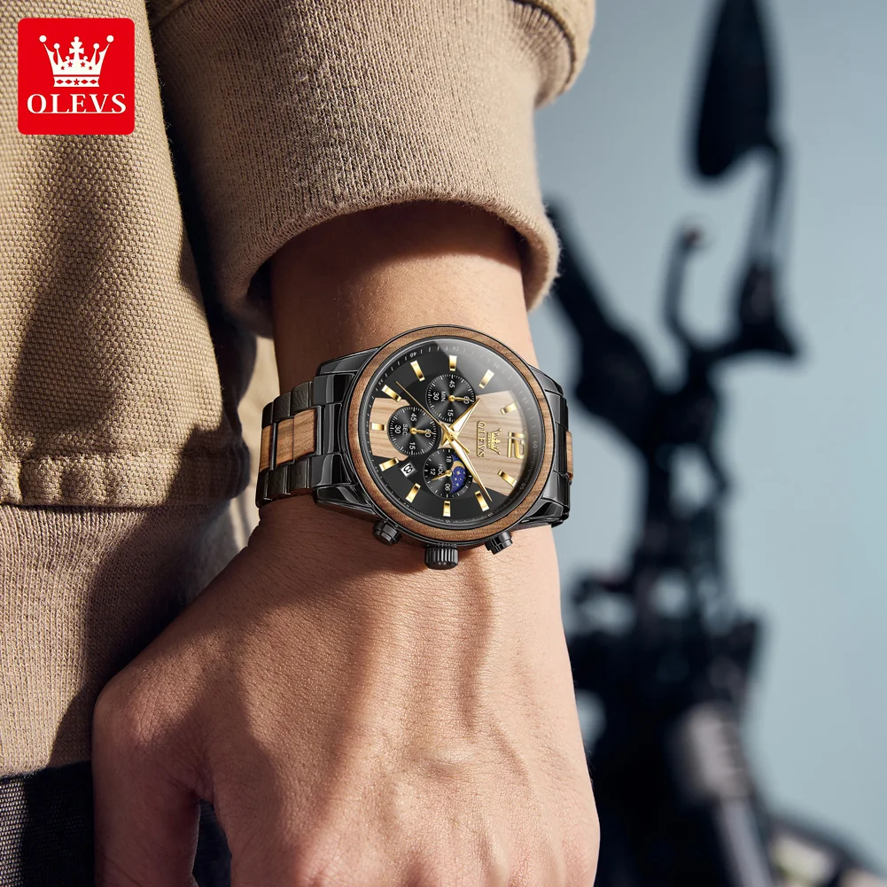 OLEVS 3645 Mens Chronograph Wooden Watch-2 (2) OLEVS 3645 Mens Chronograph Wooden Watch - Image 3