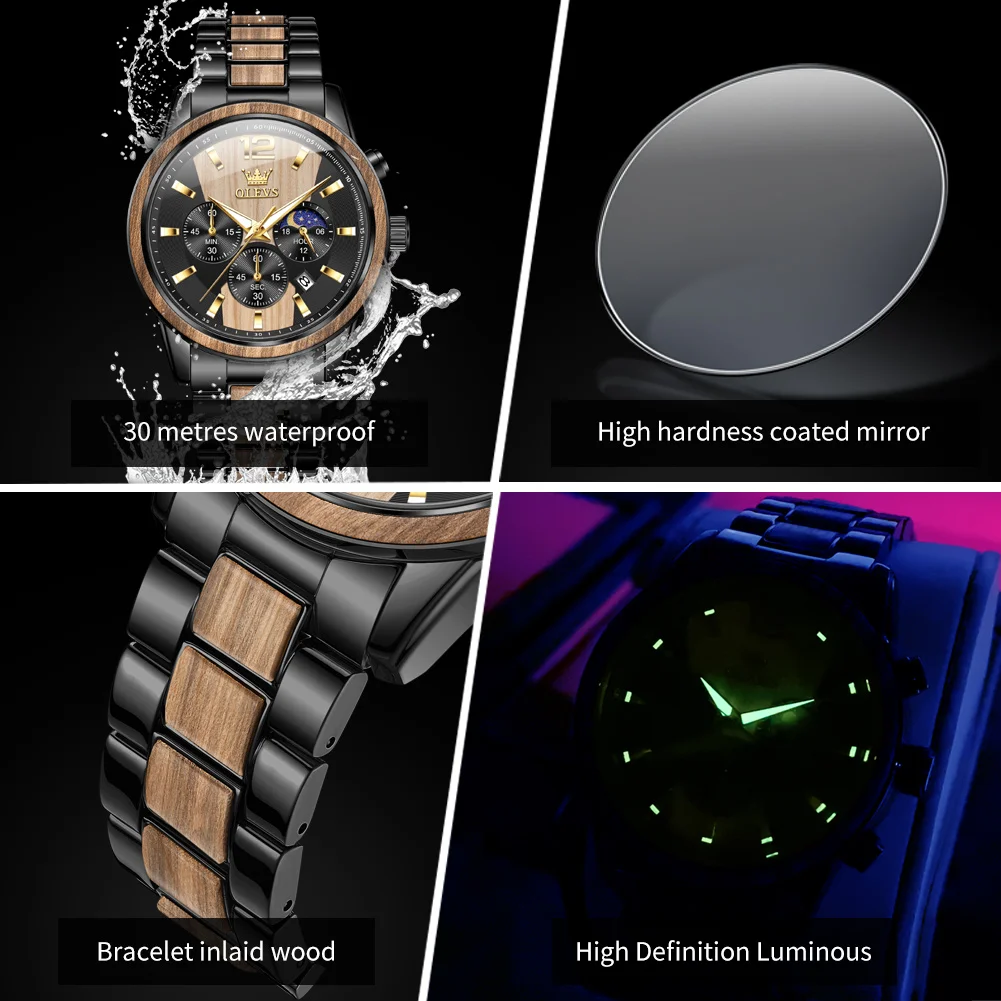 OLEVS 3645 Mens Chronograph Wooden Watch-2 (4) OLEVS 3645 Mens Chronograph Wooden Watch - Image 5