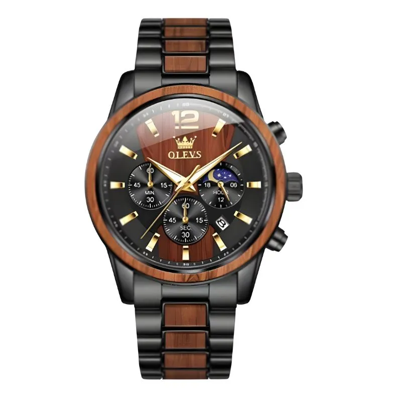 olevs-watch-3645-main-1 OLEVS 3645 Mens Chronograph Wooden Watch - Image 1