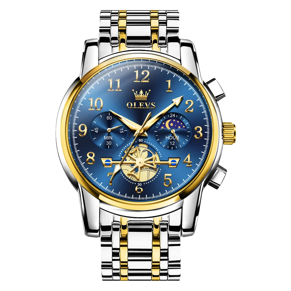 OLEVS 2900 Men’s Moon Phase Steel Watch-gold blue OLEVS 2900 Men’s Moon Phase Steel Watch - Image 1