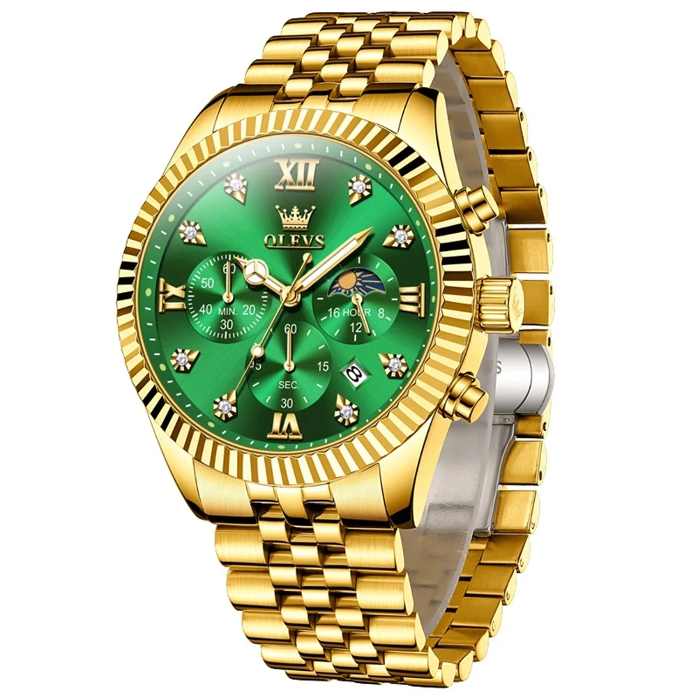OLEVS 2932 Men's Luxury Diamond Chronograph Watch-green OLEVS 2932 Men's Luxury Diamond Chronograph Watch - Image 1