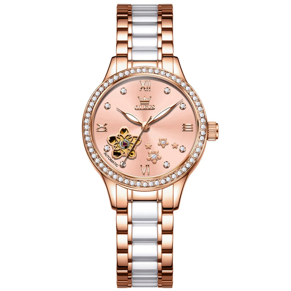OLEVS 7074 Women’s Automatic Watch with Ceramic Steel Bracelet-Pink OLEVS 7074 Women’s Automatic Watch with Ceramic Steel Bracelet - Image 1