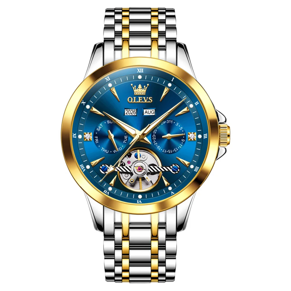 OLEVS 7091 Automatic Mechanical Watch for Men with Luminous Calendar-Gold-Blue OLEVS 7091 Automatic Mechanical Watch for Men with Luminous Calendar - Image 1