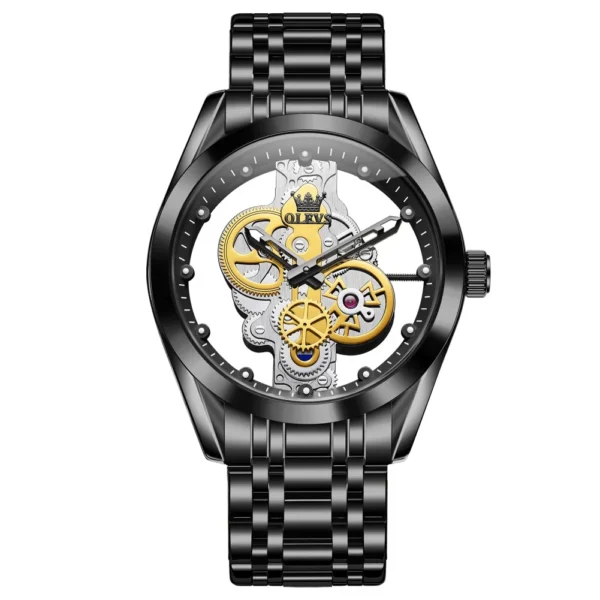 OLEVS 3725 Luxury Unique Design Bands Hollow Skeleton Sports Design Luminous Waterproof Quartz Watch for Man Black