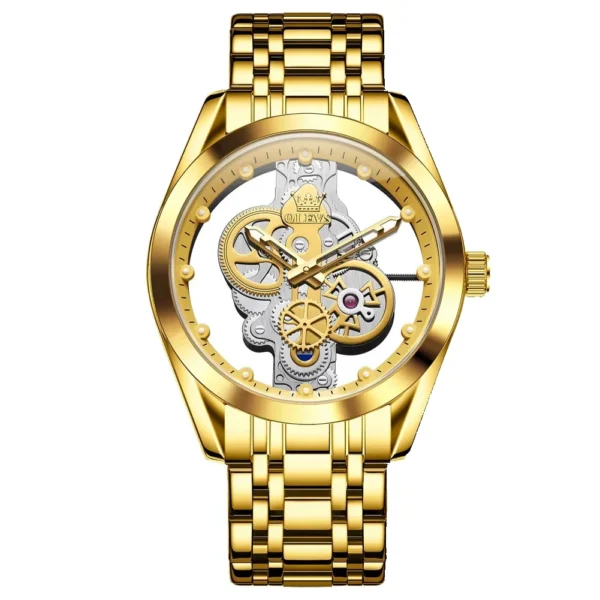 OLEVS 3725 Luxury Unique Design Bands Hollow Skeleton Sports Design Luminous Waterproof Quartz Watch for Man GOLD