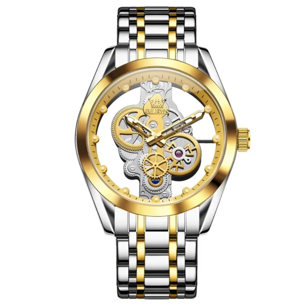 OLEVS 3725 Luxury Unique Design Bands Hollow Skeleton Sports Design Luminous Waterproof Quartz Watch for Man Gold White