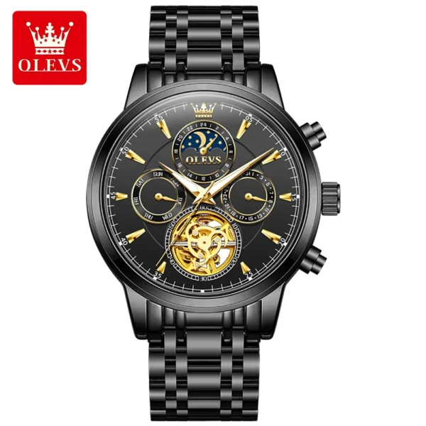 OLEVS 6746 Luxury Designer Fashion Automatic Moon Phase Watch Waterproof Mechanical Luminous Watch for Man Black