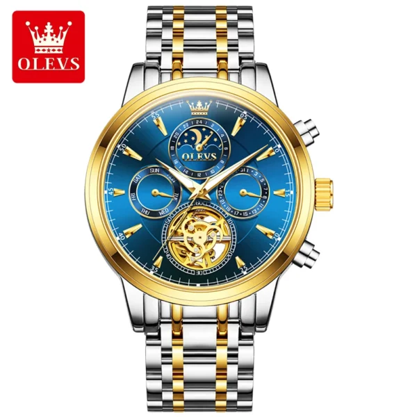 OLEVS 6746 Luxury Designer Fashion Automatic Moon Phase Watch Waterproof Mechanical Luminous Watch for Man GOLD BLUE