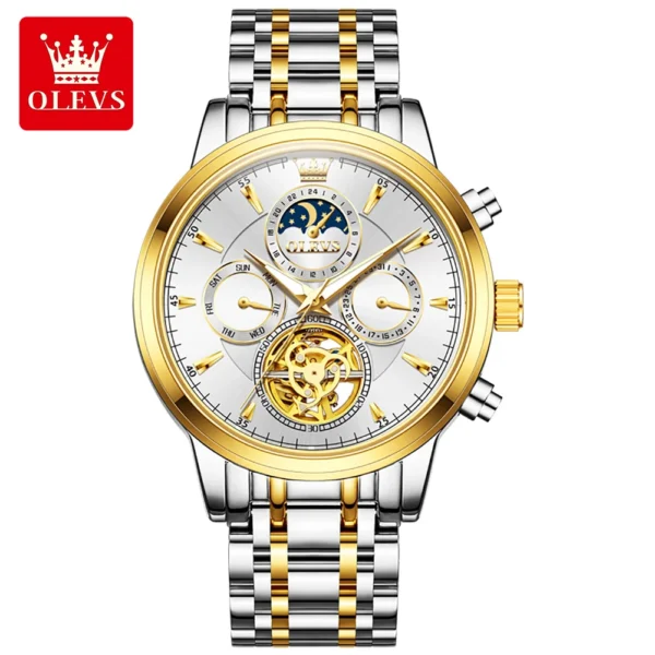OLEVS 6746 Luxury Designer Fashion Automatic Moon Phase Watch Waterproof Mechanical Luminous Watch for Man Gold White