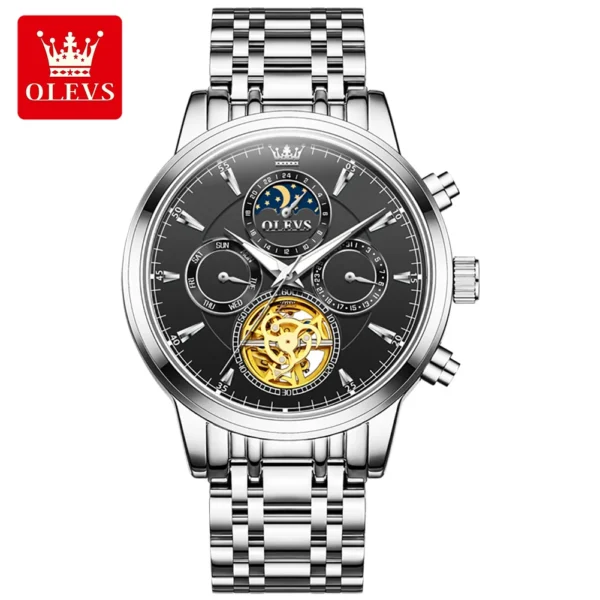 OLEVS 6746 Luxury Designer Fashion Automatic Moon Phase Watch Waterproof Mechanical Luminous Watch for Man silver-black
