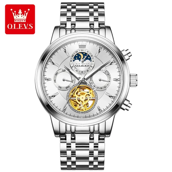 OLEVS 6746 Luxury Designer Fashion Automatic Moon Phase Watch Waterproof Mechanical Luminous Watch for Man silvery white