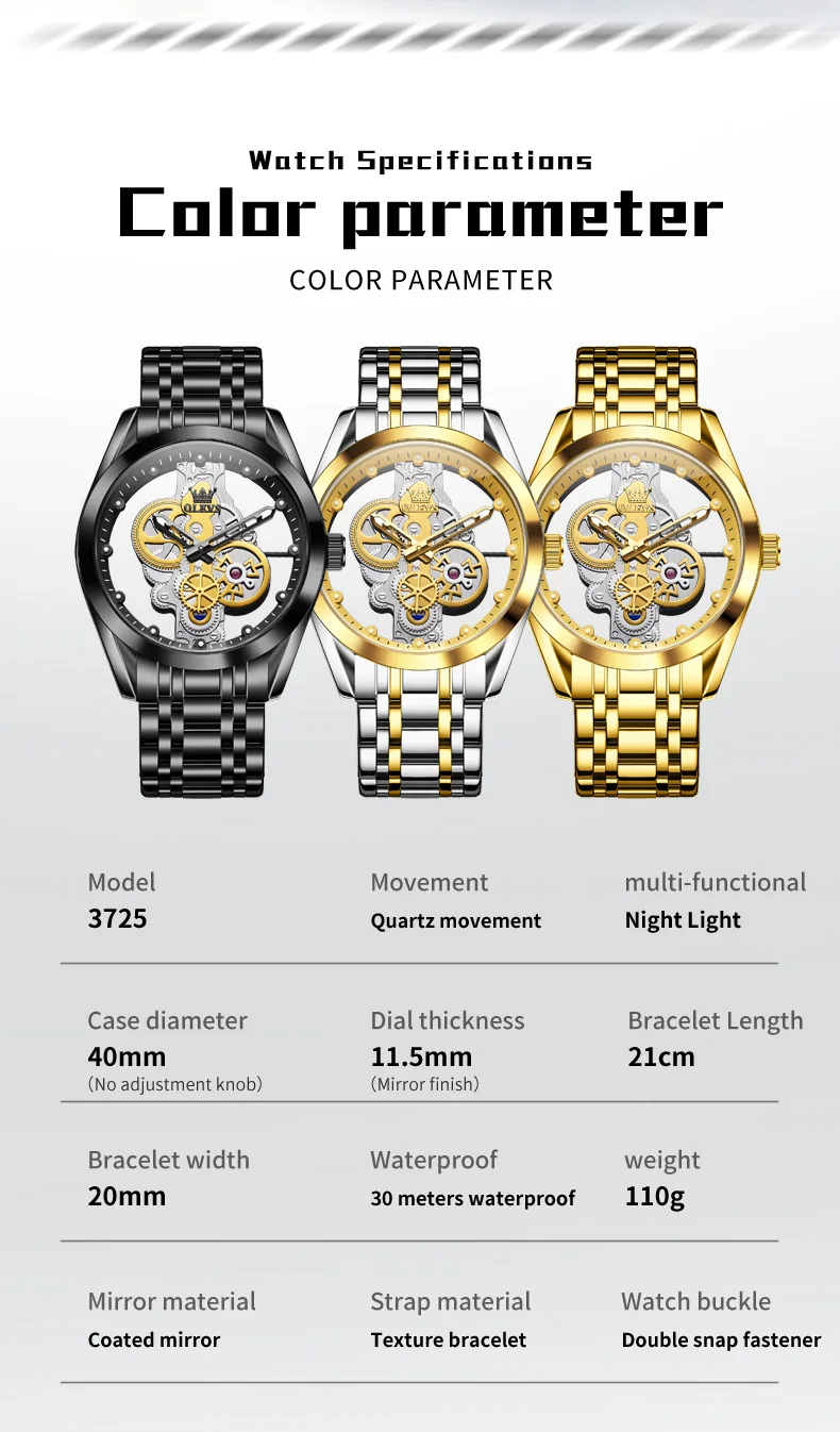 OLEVS 3725 Luxury Unique Design Bands Hollow Skeleton Sports Design Luminous Waterproof Quartz Watch for Man 5