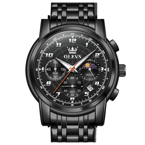OLEVS 2983 Luxury Design Sports Stainless Steel Moon Phase Chronograph Watch Luminous Waterproof Quartz Watch for Man Black