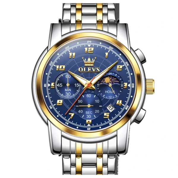 OLEVS 2983 Luxury Design Sports Stainless Steel Moon Phase Chronograph Watch Luminous Waterproof Quartz Watch for Man GOLD BLUE