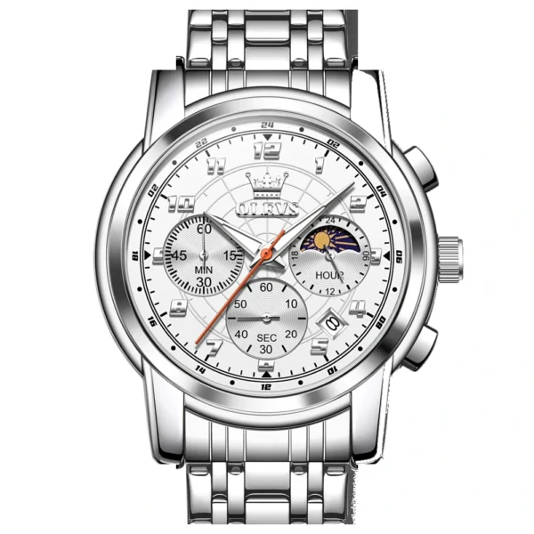OLEVS 2983 Luxury Design Sports Stainless Steel Moon Phase Chronograph Watch Luminous Waterproof Quartz Watch for Man SILVER WHITE
