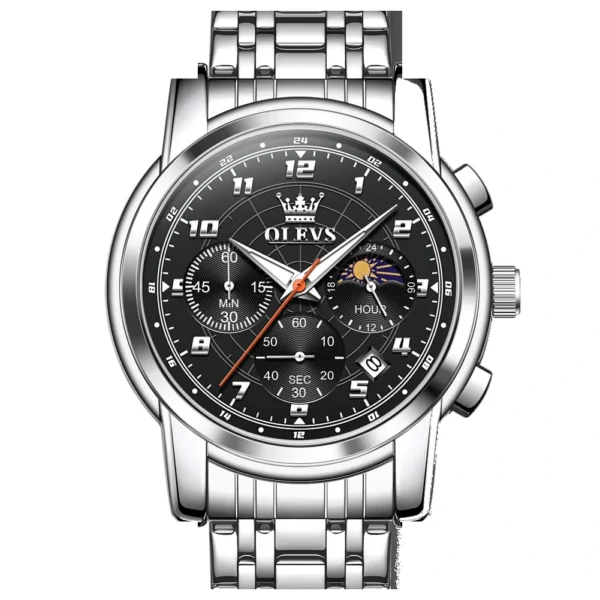 OLEVS 2983 Luxury Design Sports Stainless Steel Moon Phase Chronograph Watch Luminous Waterproof Quartz Watch for Man Silver-Back