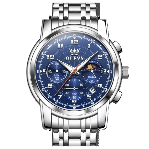 OLEVS 2983 Luxury Design Sports Stainless Steel Moon Phase Chronograph Watch Luminous Waterproof Quartz Watch for Man Silver-Blue