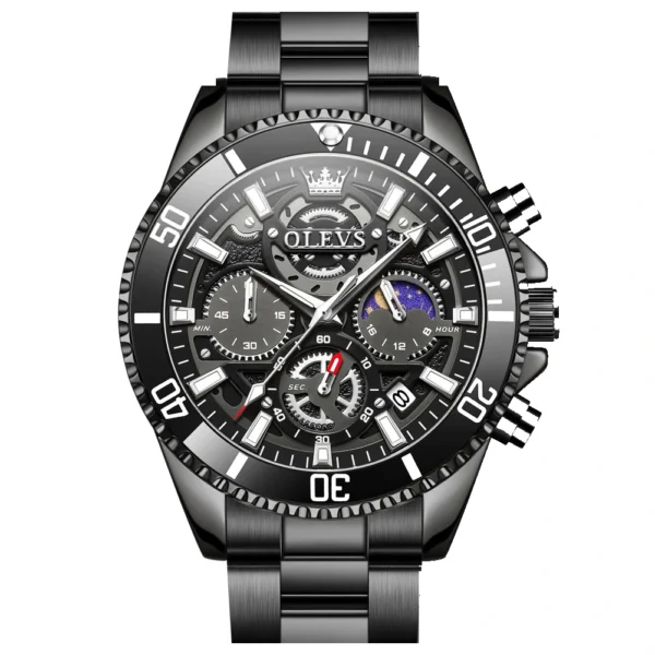 OLEVS 2990 Luxury Hollow Skeleton Man Sports Luminous Moon Phase Calendar Watch Waterproof Fashion Quartz Watch Black