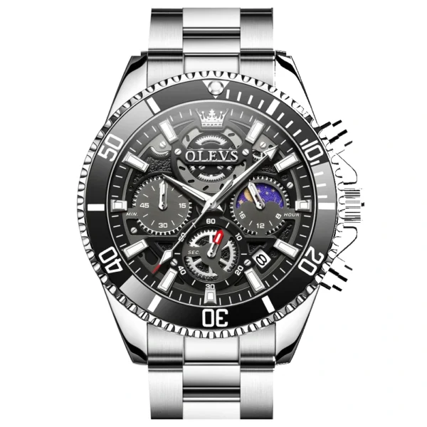 OLEVS 2990 Luxury Hollow Skeleton Man Sports Luminous Moon Phase Calendar Watch Waterproof Fashion Quartz Watch silver-black
