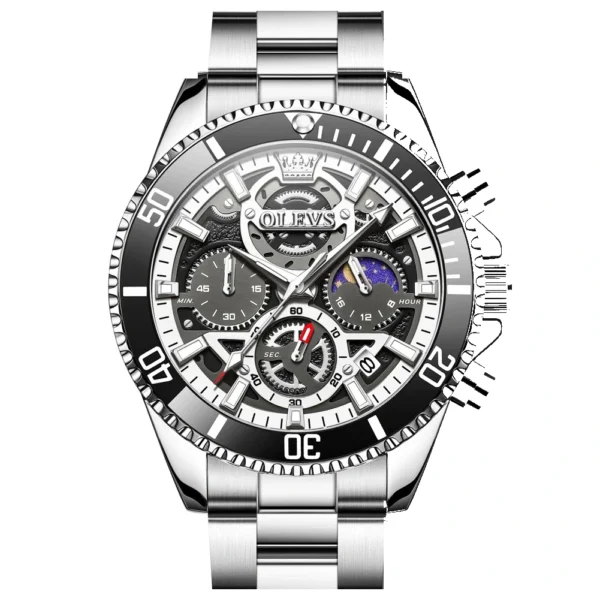 OLEVS 2990 Luxury Hollow Skeleton Man Sports Luminous Moon Phase Calendar Watch Waterproof Fashion Quartz Watch silvery white