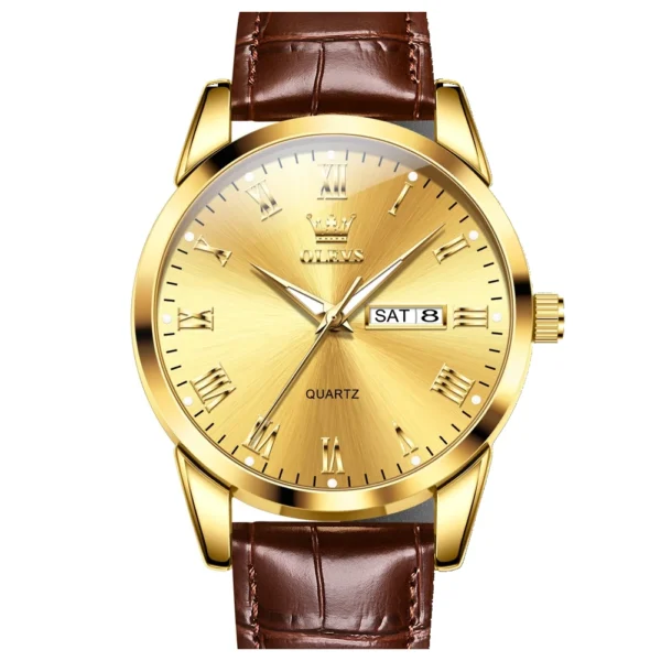 OLEVS 5892 Designer Men Watch Leather Strap Luxury Bands Classic Waterproof Man Quartz Watch GOLD