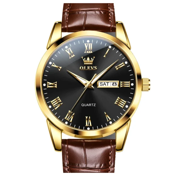 OLEVS 5892 Designer Men Watch Leather Strap Luxury Bands Classic Waterproof Man Quartz Watch Gold Black