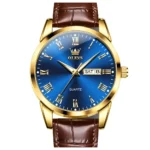 OLEVS 5892 Designer Men Watch Leather Strap Luxury Bands Classic Waterproof Man Quartz Watch Golde blue