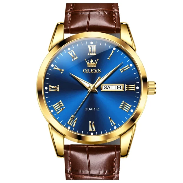 OLEVS 5892 Designer Men Watch Leather Strap Luxury Bands Classic Waterproof Man Quartz Watch Golde blue