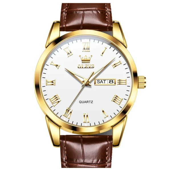 OLEVS 5892 Designer Men Watch Leather Strap Luxury Bands Classic Waterproof Man Quartz Watch Golde white