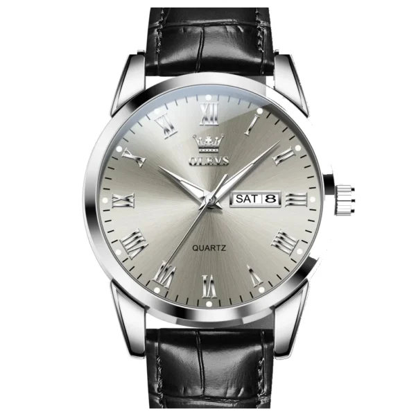 OLEVS 5892 Designer Men Watch Leather Strap Luxury Bands Classic Waterproof Man Quartz Watch SILVER GRAY