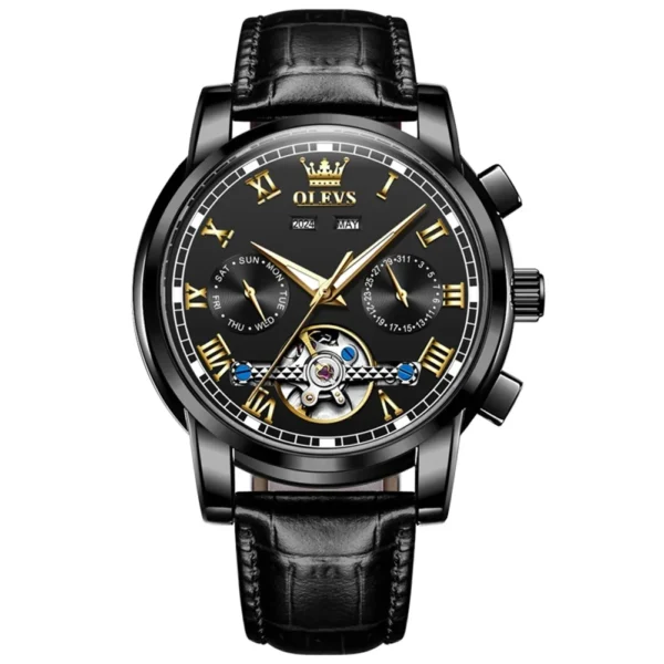 OLEVS 6607 Luxury Fashion Genuine Leather Strap Automatic Waterproof Multifunctional Mechanical Watch for Man Black