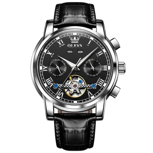 OLEVS 6607 Luxury Fashion Genuine Leather Strap Automatic Waterproof Multifunctional Mechanical Watch for Man SILVER BLACK