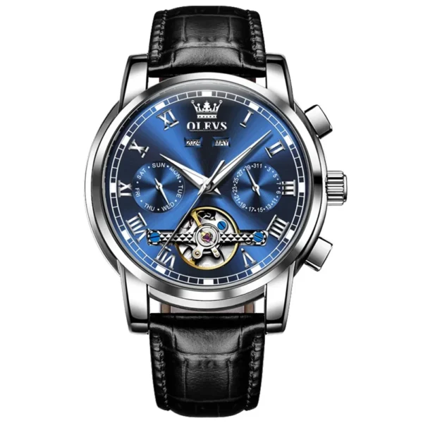 OLEVS 6607 Luxury Fashion Genuine Leather Strap Automatic Waterproof Multifunctional Mechanical Watch for Man SILVER BLUE