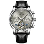 OLEVS 6607 Luxury Fashion Genuine Leather Strap Automatic Waterproof Multifunctional Mechanical Watch for Man SILVER GRAY