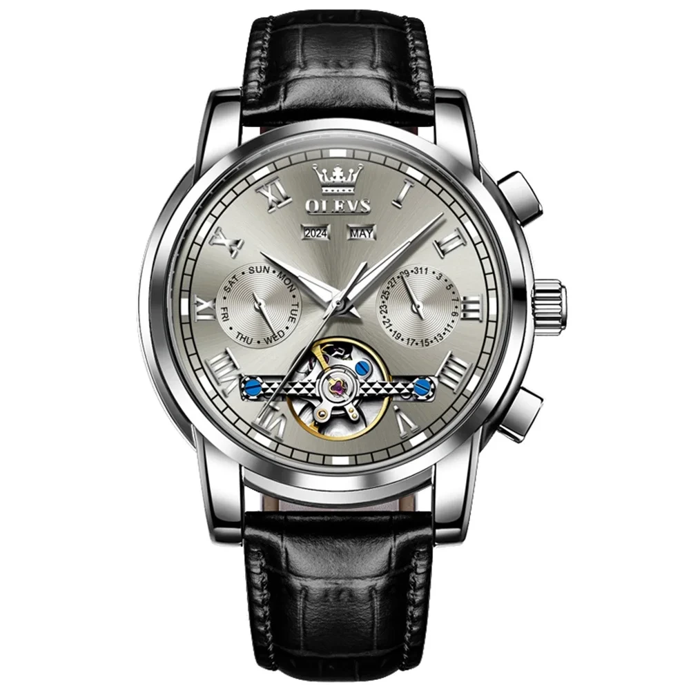 OLEVS-6607-Luxury-Fashion-Genuine-Leather-Strap-Automatic-Waterproof-Multifunctional-Mechanical-Watch-for-Man-SILVER-GRAY OLEVS 6607 Luxury Fashion Genuine Leather Strap Automatic Waterproof Multifunctional Mechanical Watch for Man SILVER GRAY
