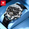 OLEVS 6607 Luxury Fashion Genuine Leather Strap Automatic Waterproof Multifunctional Mechanical Watch for Man