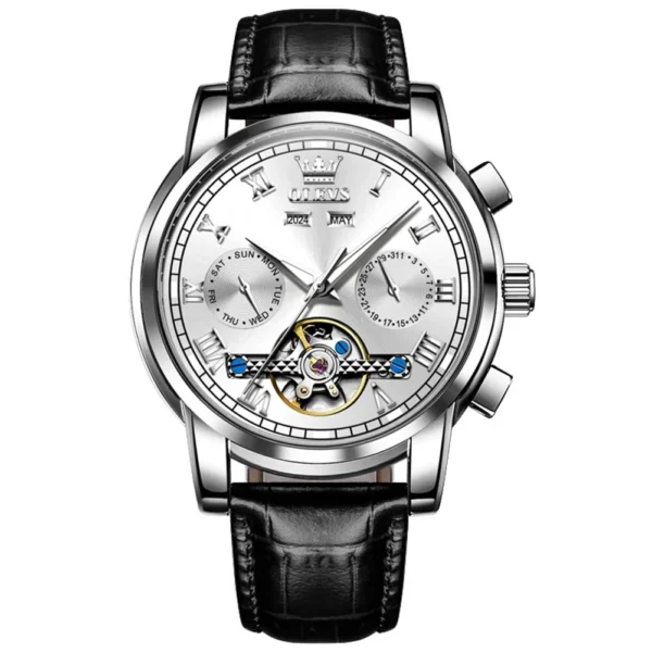 OLEVS 6607 Luxury Fashion Genuine Leather Strap Automatic Waterproof Multifunctional Mechanical Watch for Man silvery white