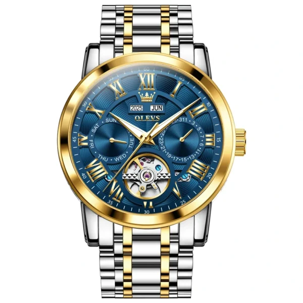 OLEVS 6668 Odm Customizable Watch Hollow Skeleton Watch Business Luminous Stainless Steel Automatic Mechanical Watch for Man Golde blue