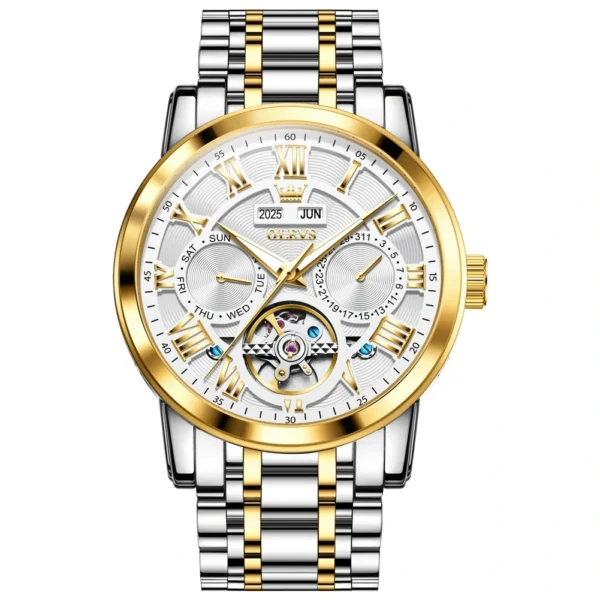OLEVS 6668 Odm Customizable Watch Hollow Skeleton Watch Business Luminous Stainless Steel Automatic Mechanical Watch for Man Golde white