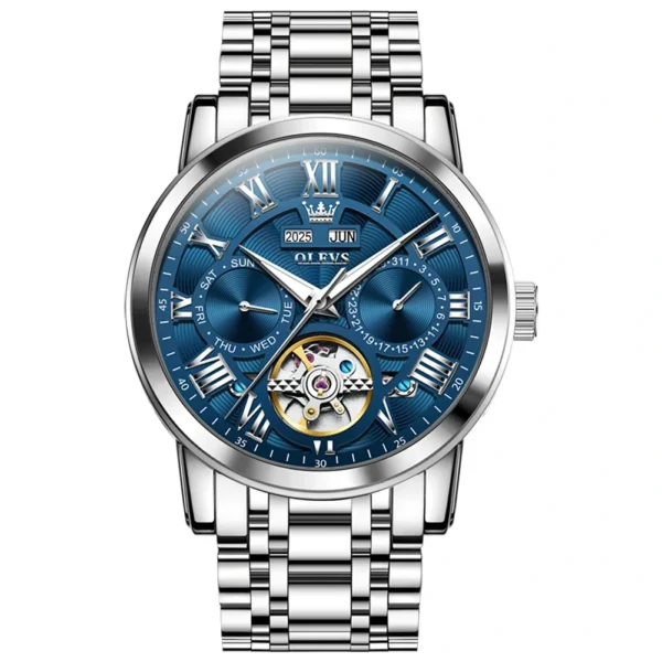 OLEVS 6668 Odm Customizable Watch Hollow Skeleton Watch Business Luminous Stainless Steel Automatic Mechanical Watch for Man Silver-Blue