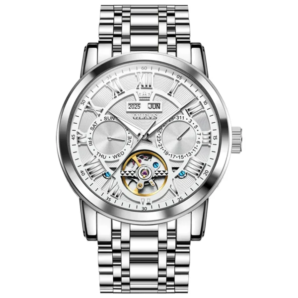 OLEVS 6668 Odm Customizable Watch Hollow Skeleton Watch Business Luminous Stainless Steel Automatic Mechanical Watch for Man silvery white