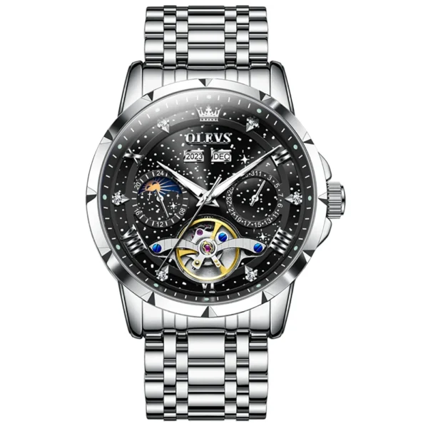 OLEVS 6690 Fashion Luxury Manufacturer Automatic Stainless Steel Moon Phase Waterproof Mechanical Watch for Man Steel-Silver Black
