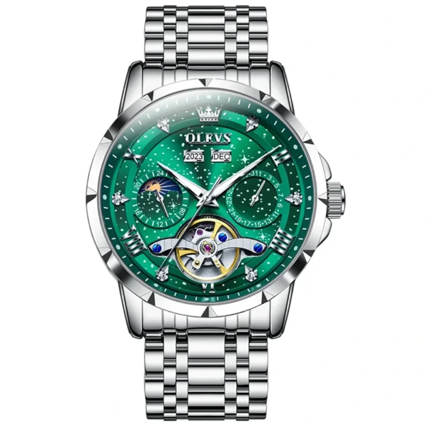 OLEVS 6690 Fashion Luxury Manufacturer Automatic Stainless Steel Moon Phase Waterproof Mechanical Watch for Man Steel-Silver Green